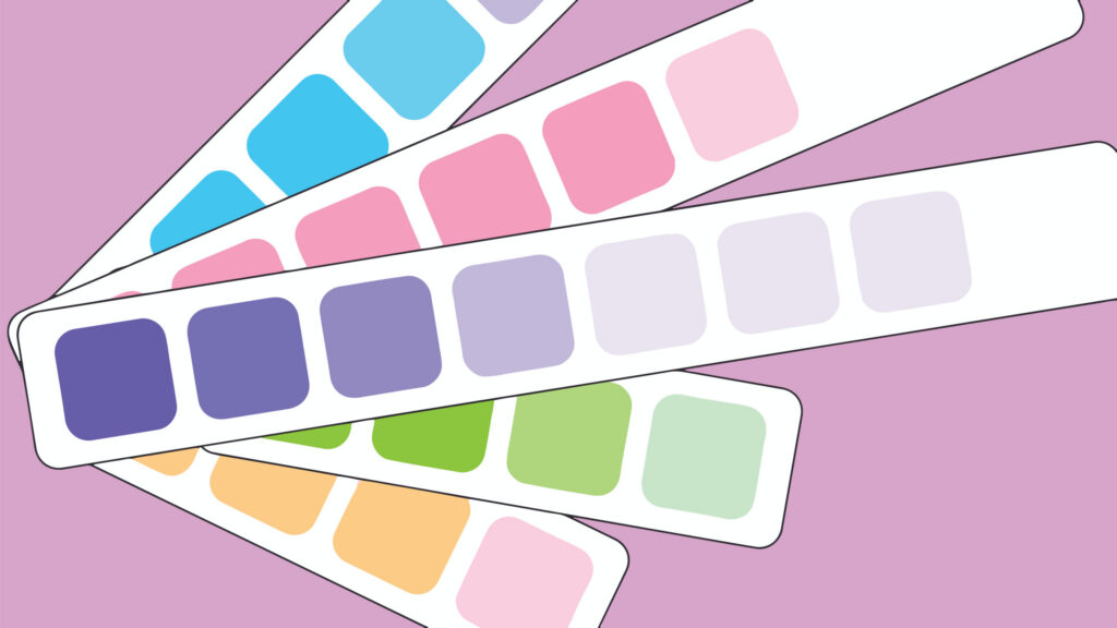 Five monochromatic color schemes in the colors blue, pink, purple, green, and yellow on thin rectangular pieces of paper