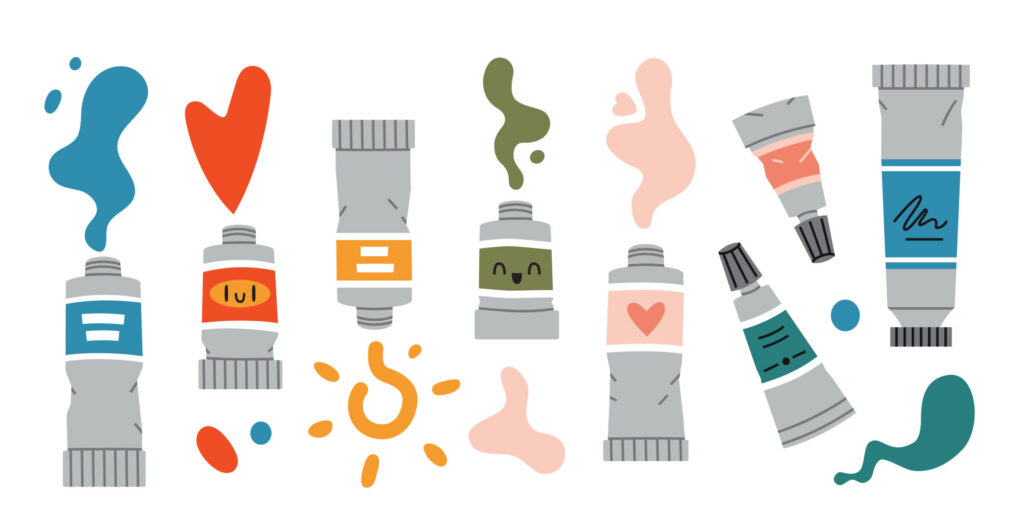 Eight paint tubes squirting out paint in various shapes and colors.